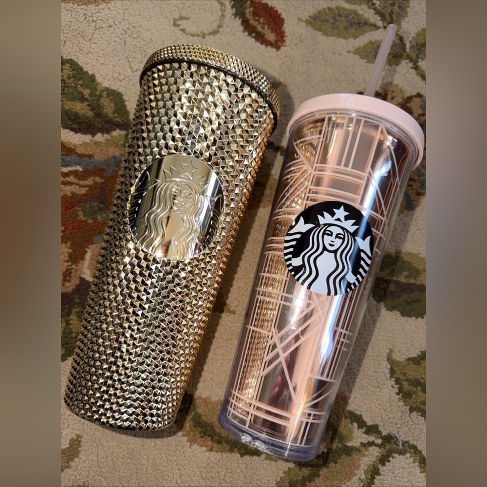 Starbucks 2017 Venti Cold Cup Rose Gold Pink/2022 Holiday Gold Studded Tumblers